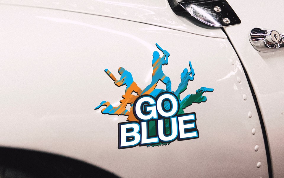 Go Blue cricket sticker applied to car