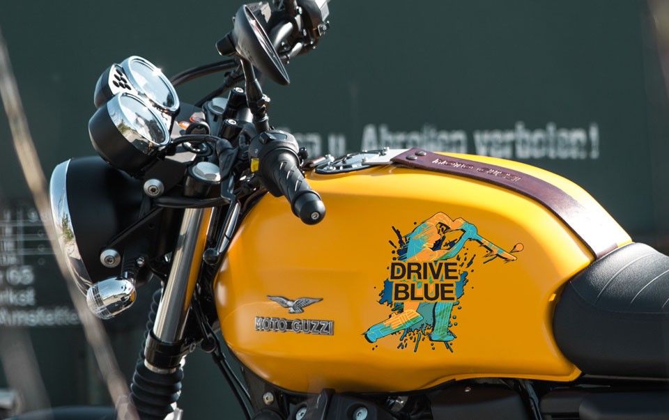 Drive Blue sticker applied to motorbike