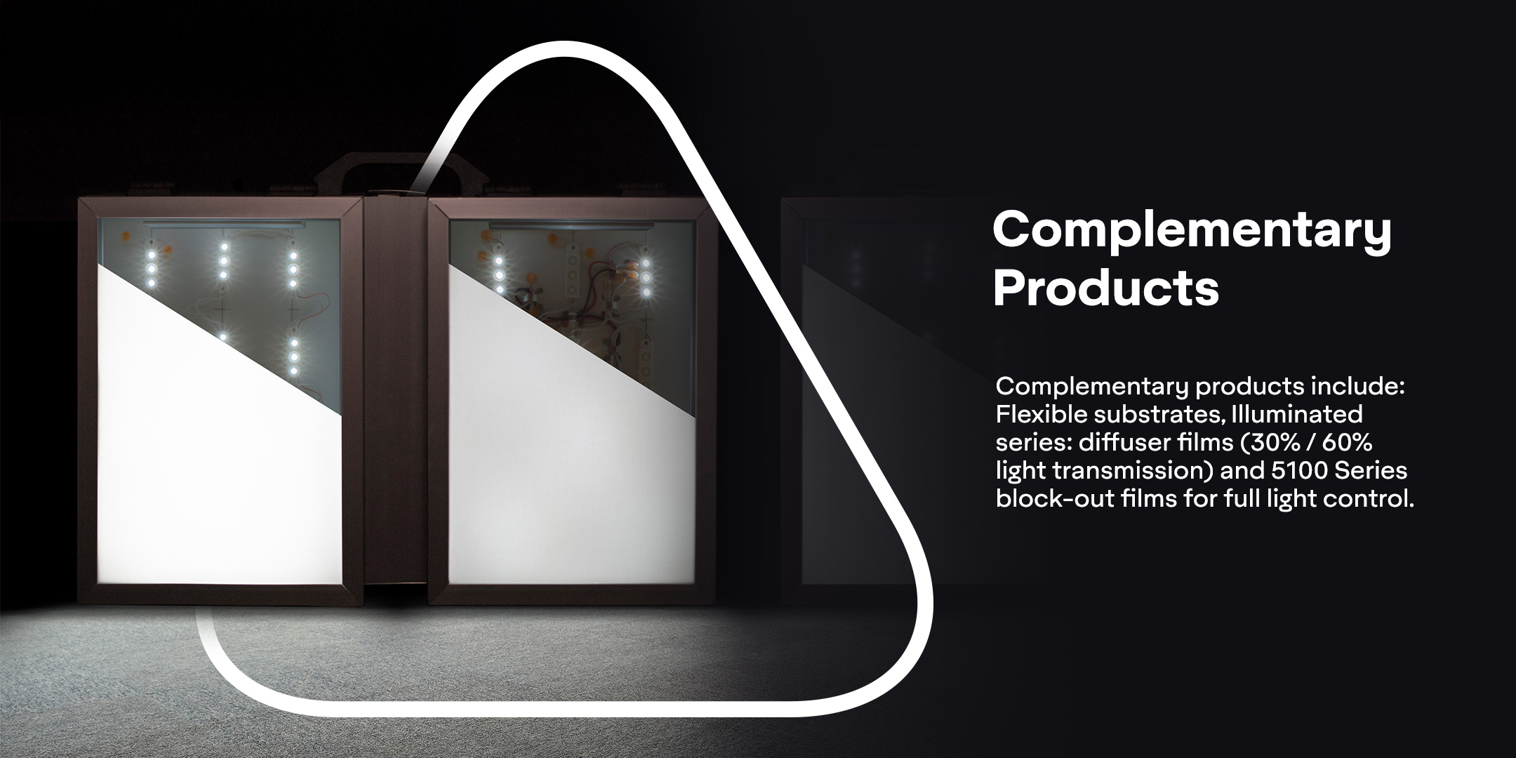 Complementary products include: Flexible substrates, Illuminated series: diffuser films (30% / 60% light transmission) and 5100 Series block-out films for full light control.
