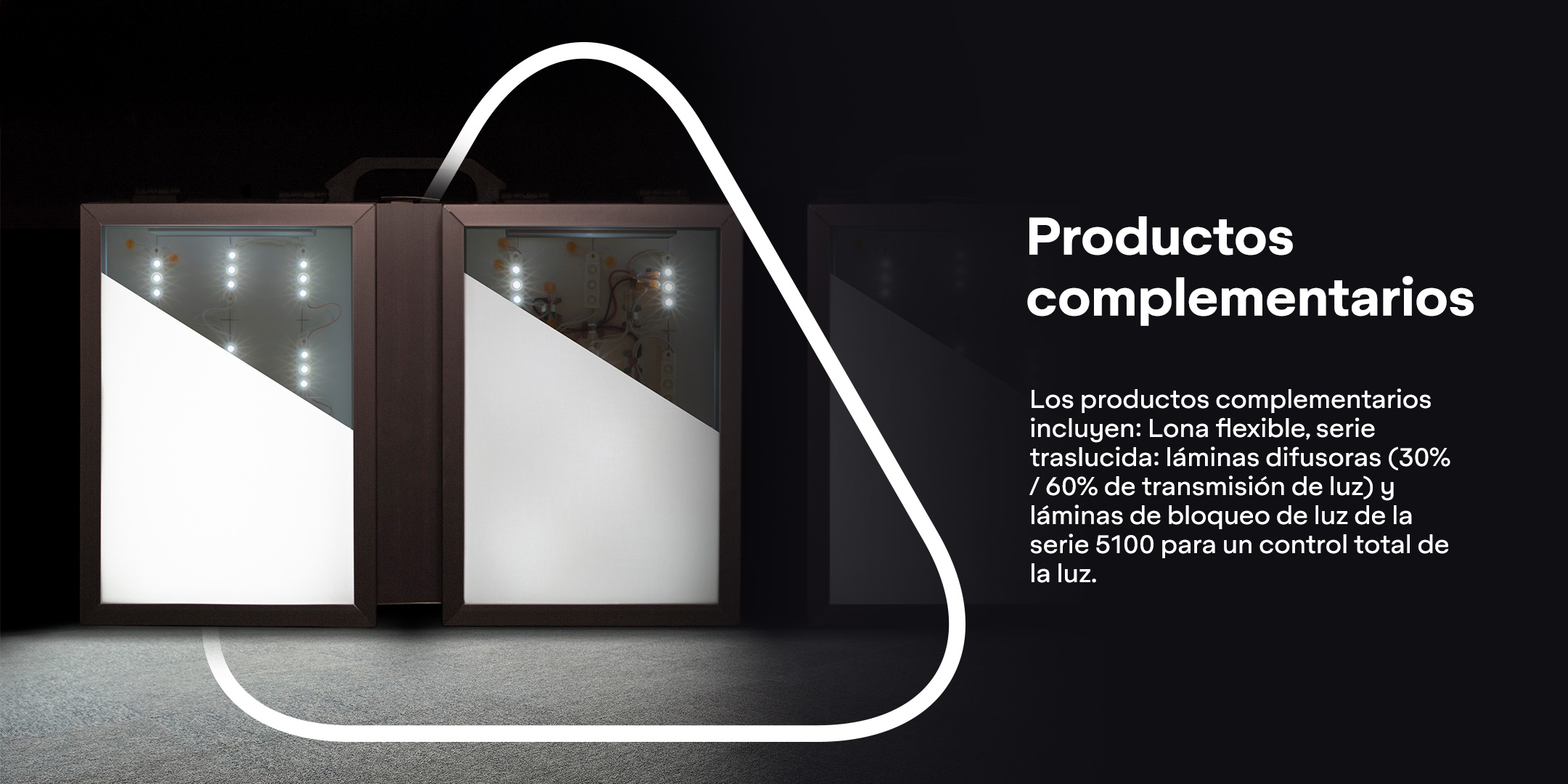 Los productos complementarios incluyen: Lona flexible, serie traslucida: láminas difusoras (30% / 60% de transmisión de luz) y láminas de bloqueo de luz de la serie 5100 para un control total de la luz.